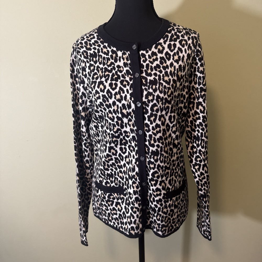 Land's End‎ Supima Cotton Animal Cheetah leopard Cardigan Pockets Women's Size S